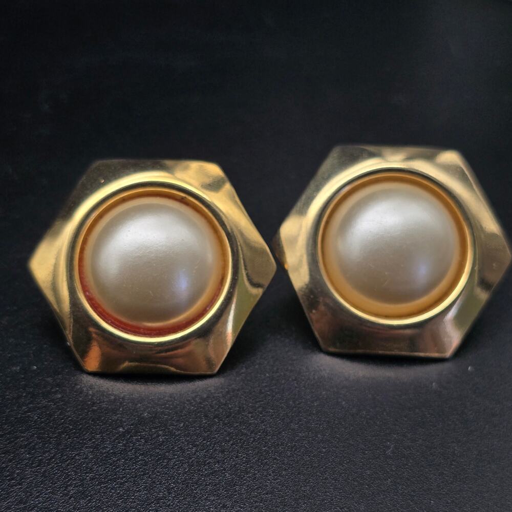 Gold Tone Faux Pearl Clip On Earrings Geometric Vintage Jewelry